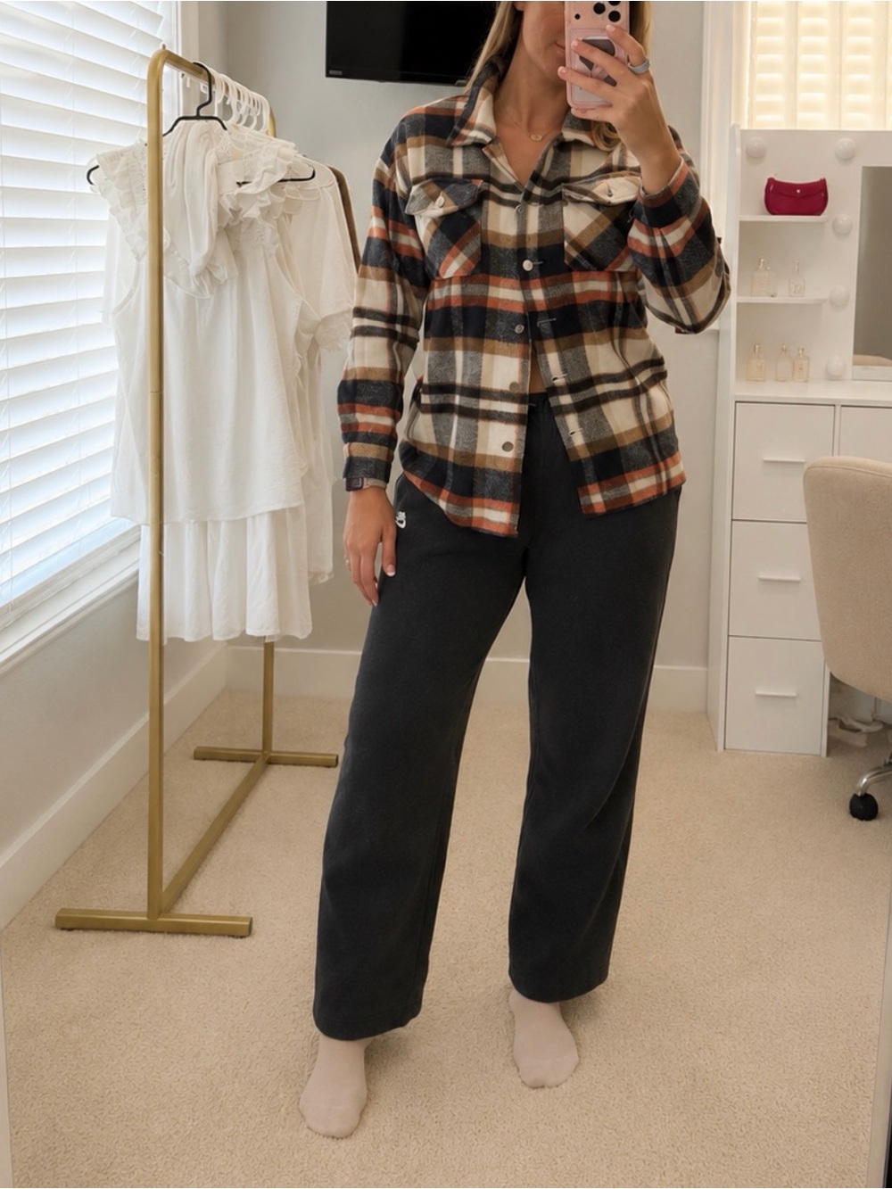 Cozy Button-Up Shacket in Cream, Brown & Rust